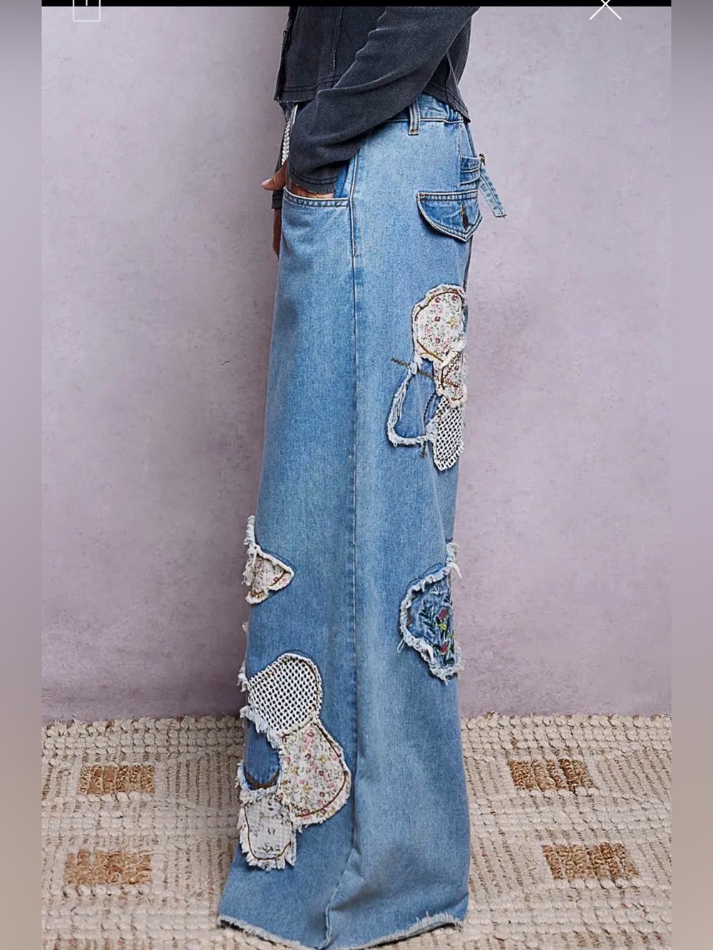POL floral lace patchwork embroidered stitch bohemian floral pants jeans - Picture 2 of 5
